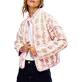 Tankaneo Womens Quilted Lightweight Jackets Floral Print Winter Coats Open Front Cardigan with Pockets