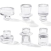 Toptime Candlestick Holders Set of 6, Ribbed Glass Taper Candle Holders, Reversible Clear Tealight & Candle Stick Candle Holder Vintage Crystal Tealight Candle Holder for Wedding Dinner Party