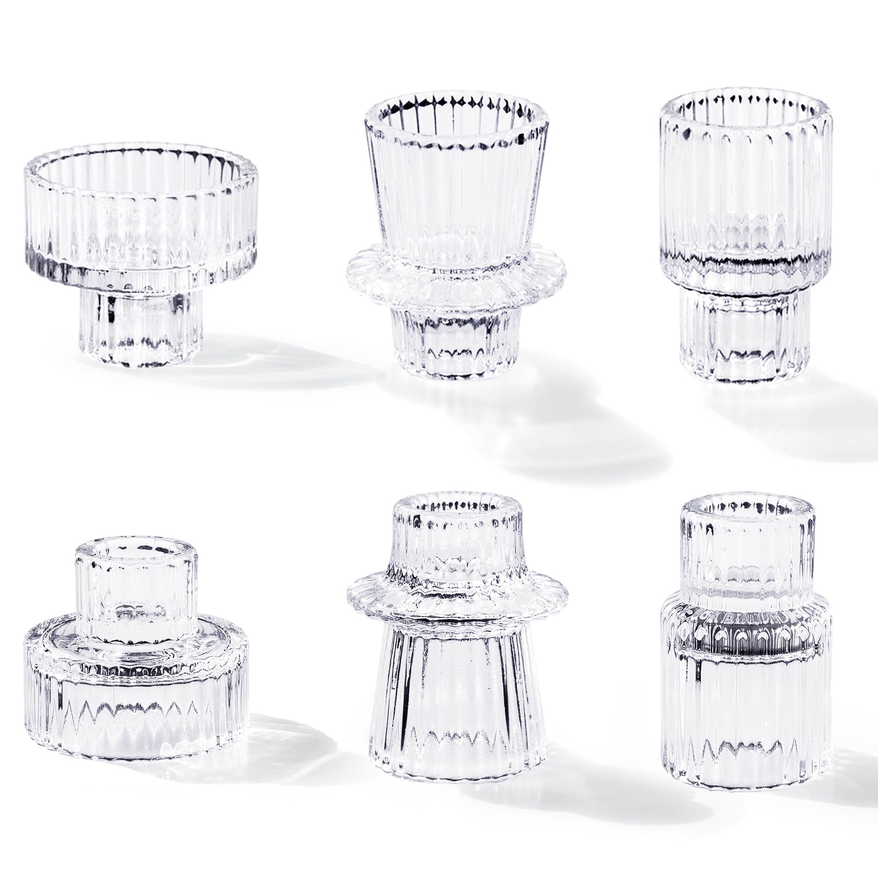 Toptime Candle Holders Set of 6, Glass Candlestick Holders Pinstripe Pattern, Reversible Tealight & Taper Candle Holder, Transparent Crystal Tea Light Candle Holder for Wedding Dinner Party Festival