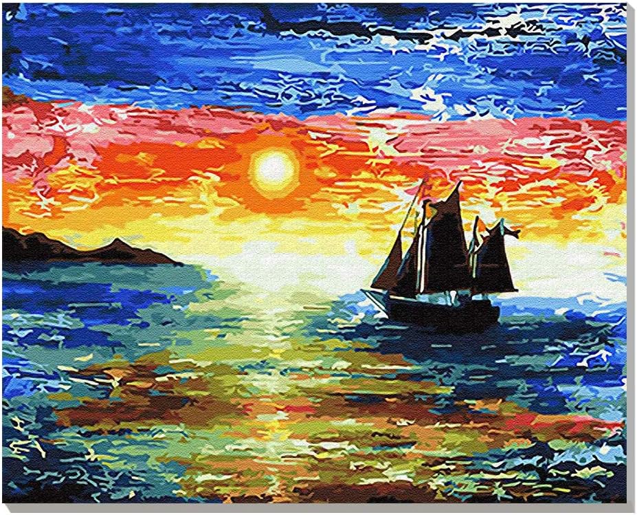 iCoostor Wooden Framed Paint by Numbers DIY Painting Kit for Kids & Adults Beginner– 16” x 20”Dusk Sea Pattern