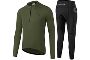 OFF PRND Men's Cycling Jersey 1/3 Zipper Cycling Set Solid Color Club Fit, Long Sleeeves Bike Jersey and Pants Zipper Pocket