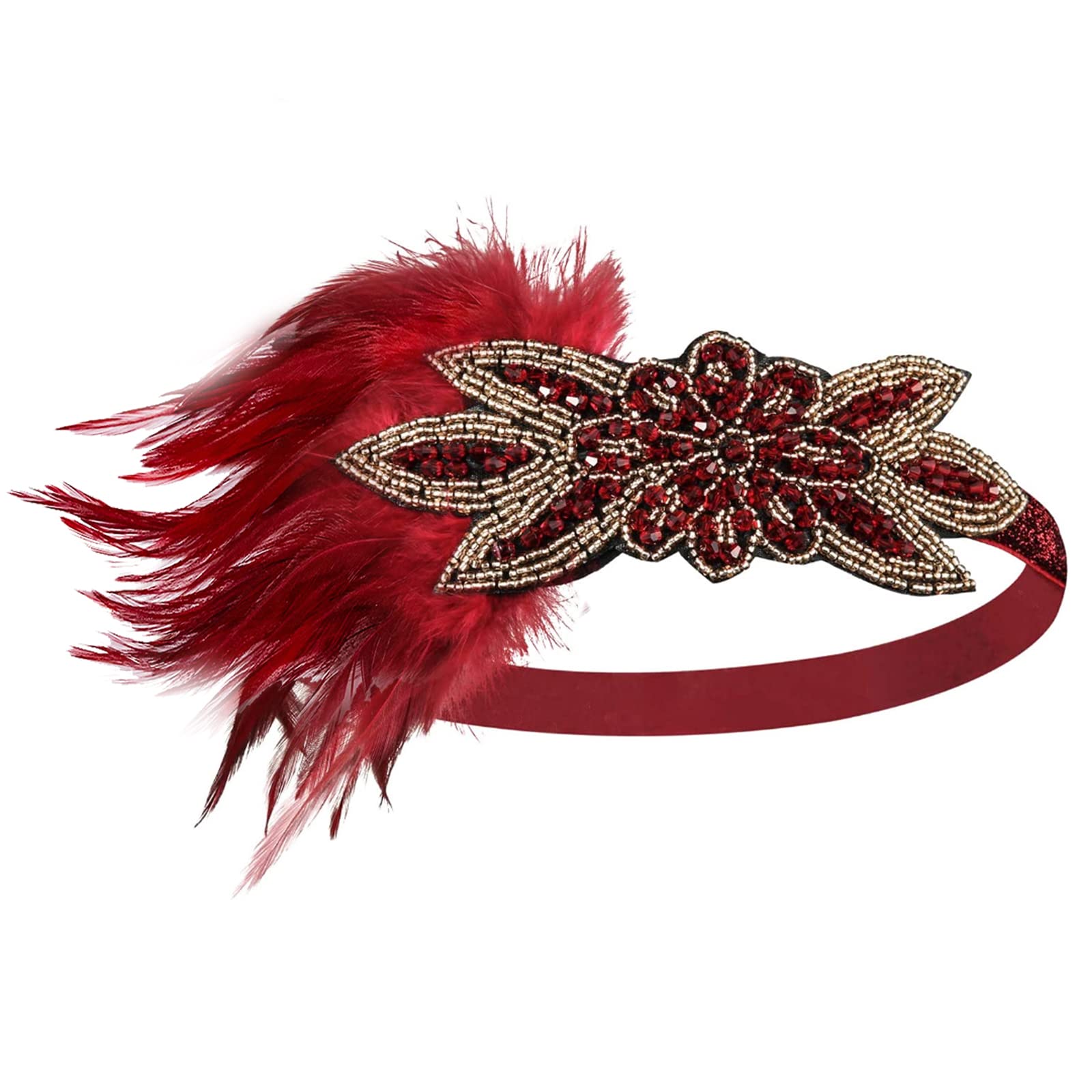 1920s Flapper Feather Headband, 20s Sequined Headpiece, Roaring 20's Theme Set for Women Costume Headwear (Red Feather)