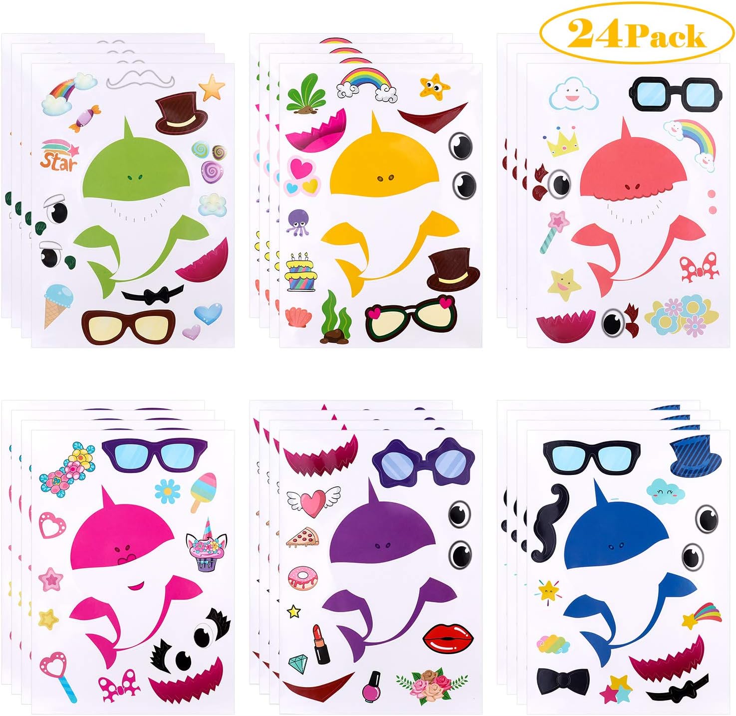 Tinabless 24 Pack Make A Shark Stickers for Baby, Little Shark Stickers for Kids Shark Theme Birthday Party - Kids Shark Party Supplies - Kids Shark Party Favors