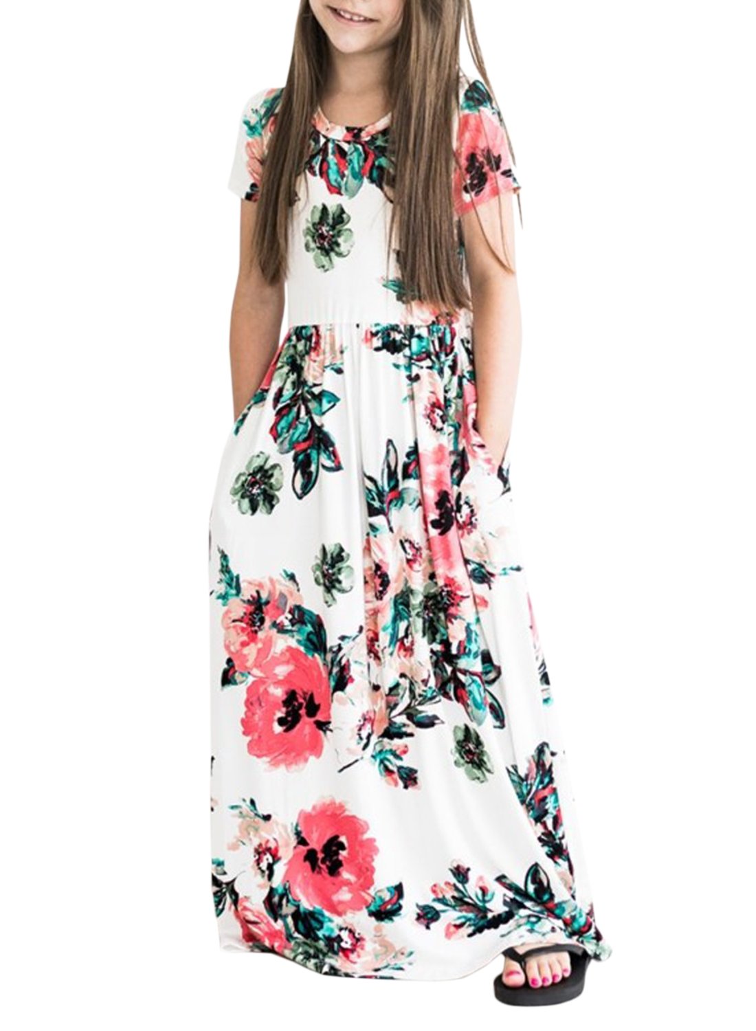 Girl's Summer Short Sleeve Floral Printed Empire Waist Long Maxi Dress with Pockets