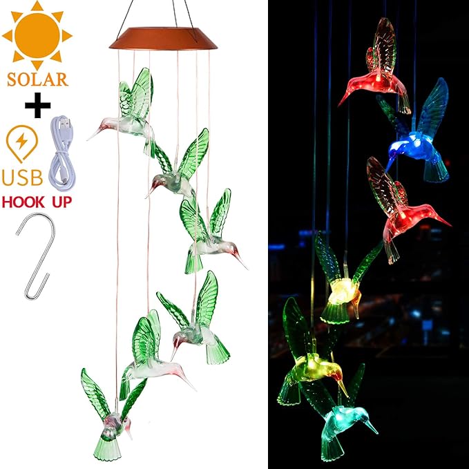 Solar Hummingbird LED Wind Chimes Outdoor With Hook Solar