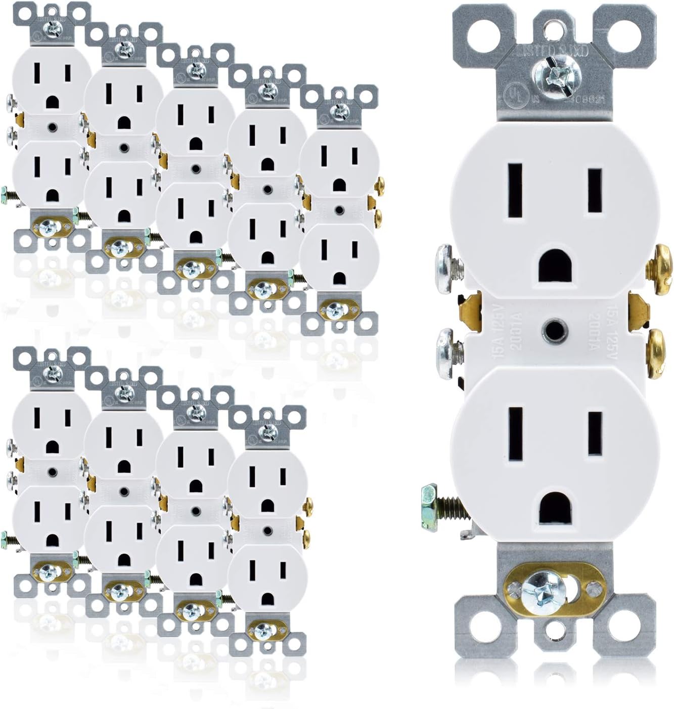 AIDA 15 Amp 125V 2-Pole,3-Wire Duplex Receptacle Self-grounding Wall Outlets, Residential Grade, UL Listed, Quickwire Push-In & Side Wired 10 Pack White 030541