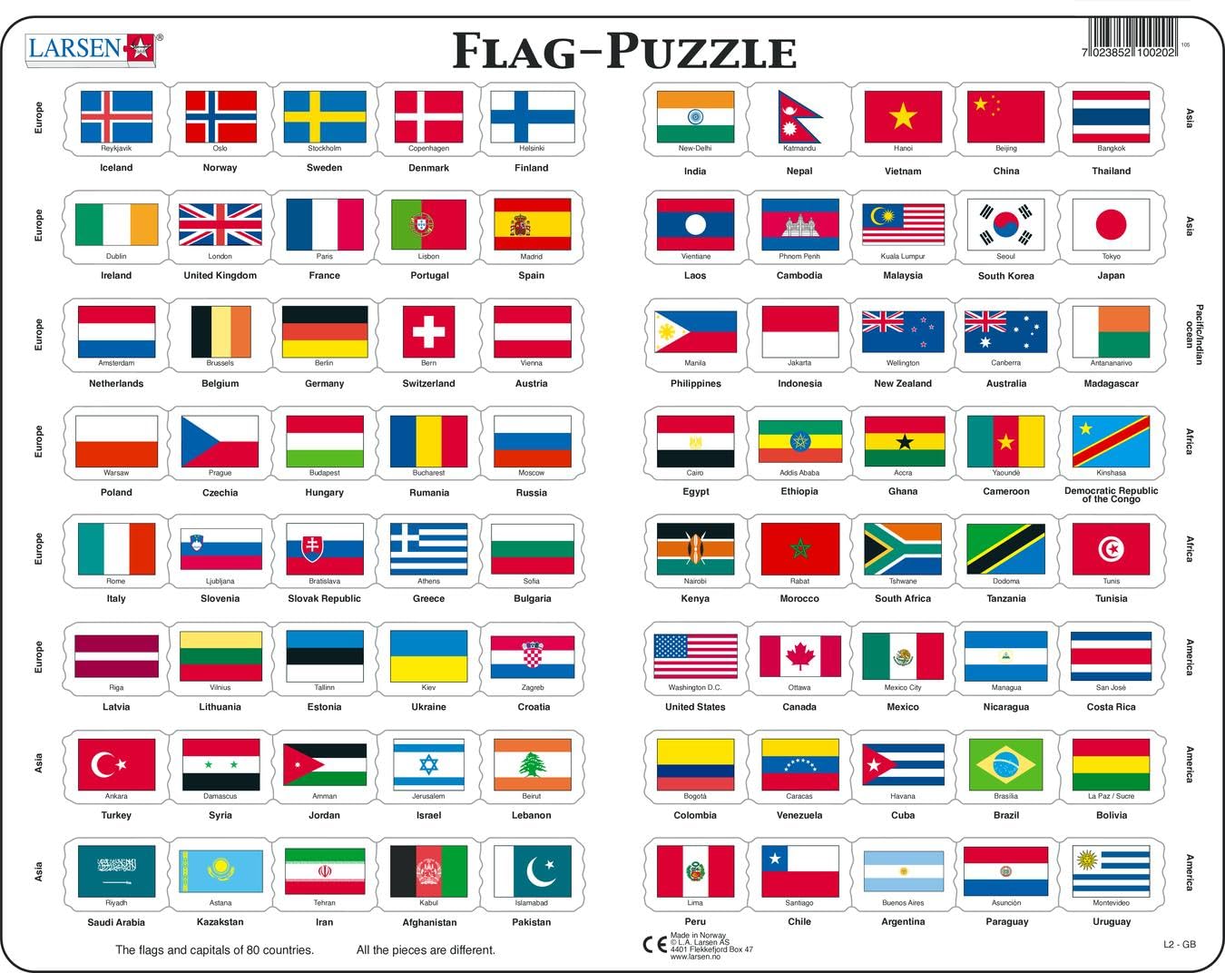 Larsen L2 Country Flags Jigsaw Puzzle - 80 Pieces - Educational Geography Puzzle for Kids 7+ - Quiz Style, Boxless Tray & Frame