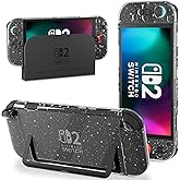 PAWDIARY [Improved Version] Glitter Switch 2 Case Dockable, Ultra-Thin Protective Cover Skin Compatible with Nintendo Switch 2 2025 Console, Transparent Hardshell Easy Docking Charging Dock