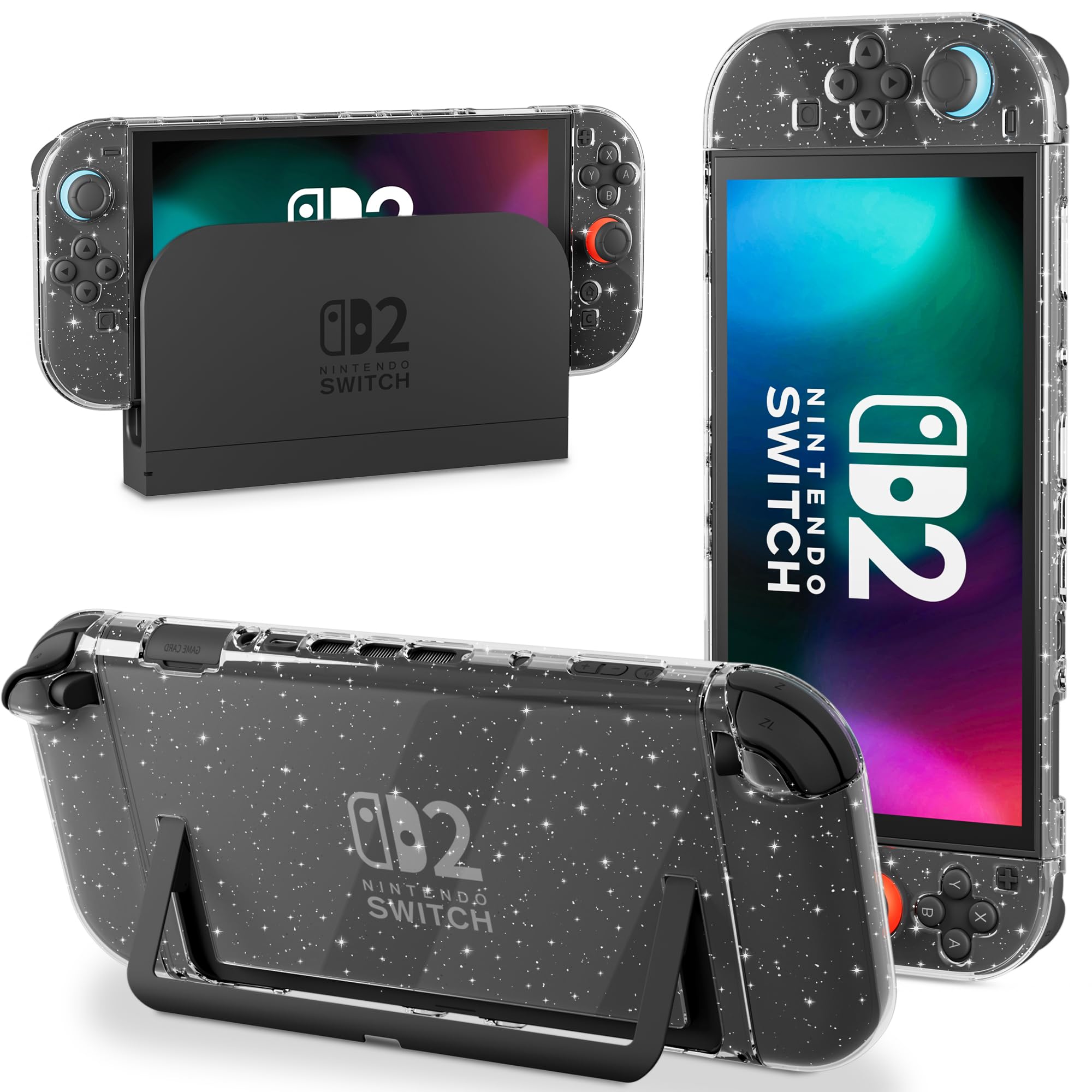 PAWDIARY [Improved Version] Glitter Switch 2 Case Dockable, Ultra-Thin Protective Cover Skin Compatible with Nintendo Switch 2 2025 Console, Transparent Hardshell Easy Docking Charging Dock