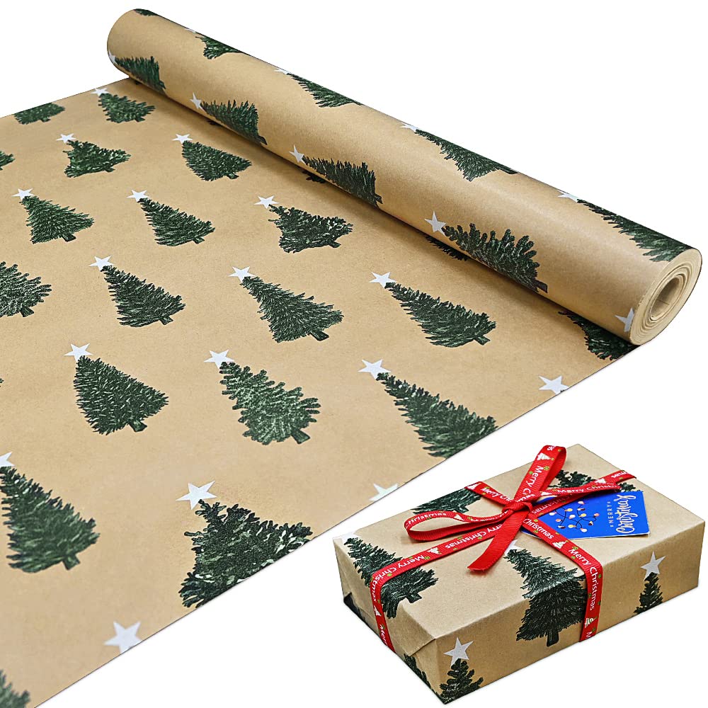 16m Roll of Kraft Green Tree Wrapping Paper Roll,Colorful Gift 100% Recyclable ECO For Present Party Christmas DIY Birthday Decorations