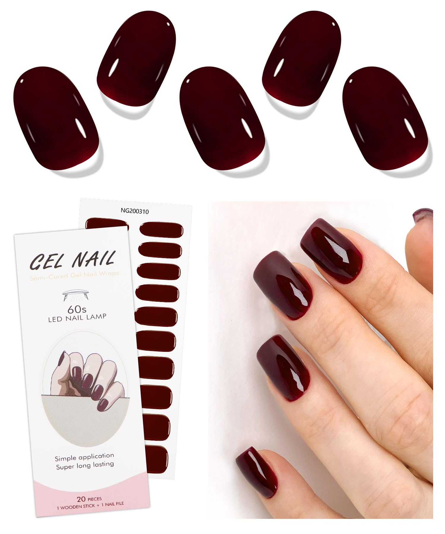 JMEOWIO Gel Nail Stickers Wine Red Semi Cured Gel Nail Strips Wraps UV/LED Nails Art Design Decoration Accessories