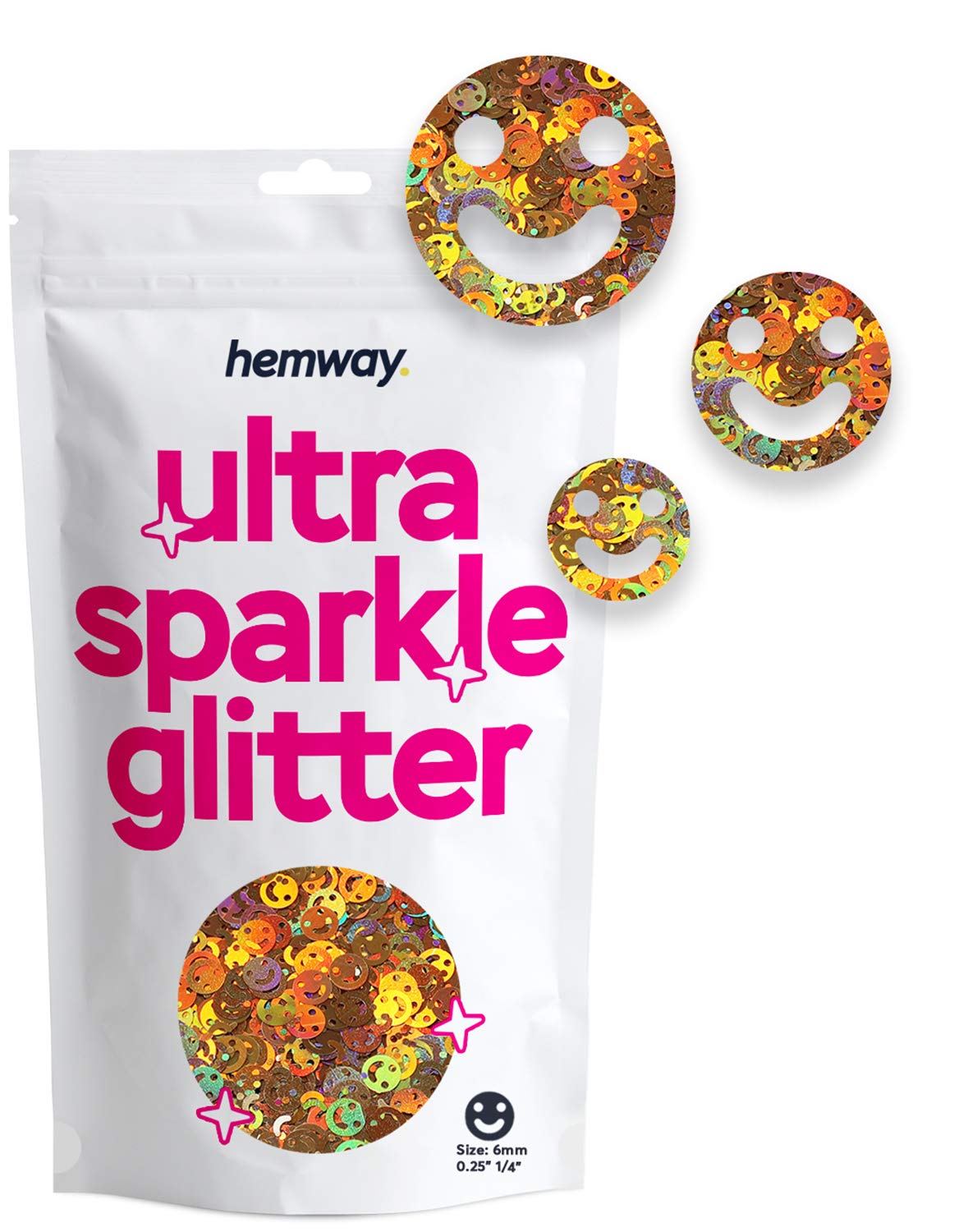 Hemway Ultra Sparkle Glitter Smiley Face Shape, 50g, Gold Holographic | Shaped Glitter for Arts & Crafts, Nail Art, Crafting, Card Making, Sparkle Decoration