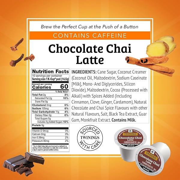 TWININGS CHOCOLATE CHAI LATTE TEA K-CUP PODS FOR KEURIG, VELVETY SMOOTH COCOA WITH REAL SPICED TEA, CAFFEINATED, ENJOY HOT OR ICED – 10 COUNT