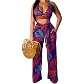 Elegant Two Piece Sets for Women Sexy Printing Halter Bandage Top Long Straight Pants Vacation Outfits Beach