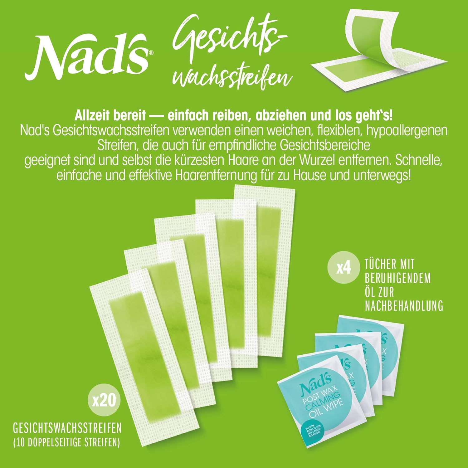 Nad’s Cold Wax Strips Hair Removal for Facial All Skin Types 20 Wax