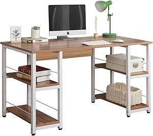 DlandHome 55 inches Computer Desk, Home Office Trestle Desk, Large Workstation Desk with Shelves,Writing Table, DZ012, Oak
