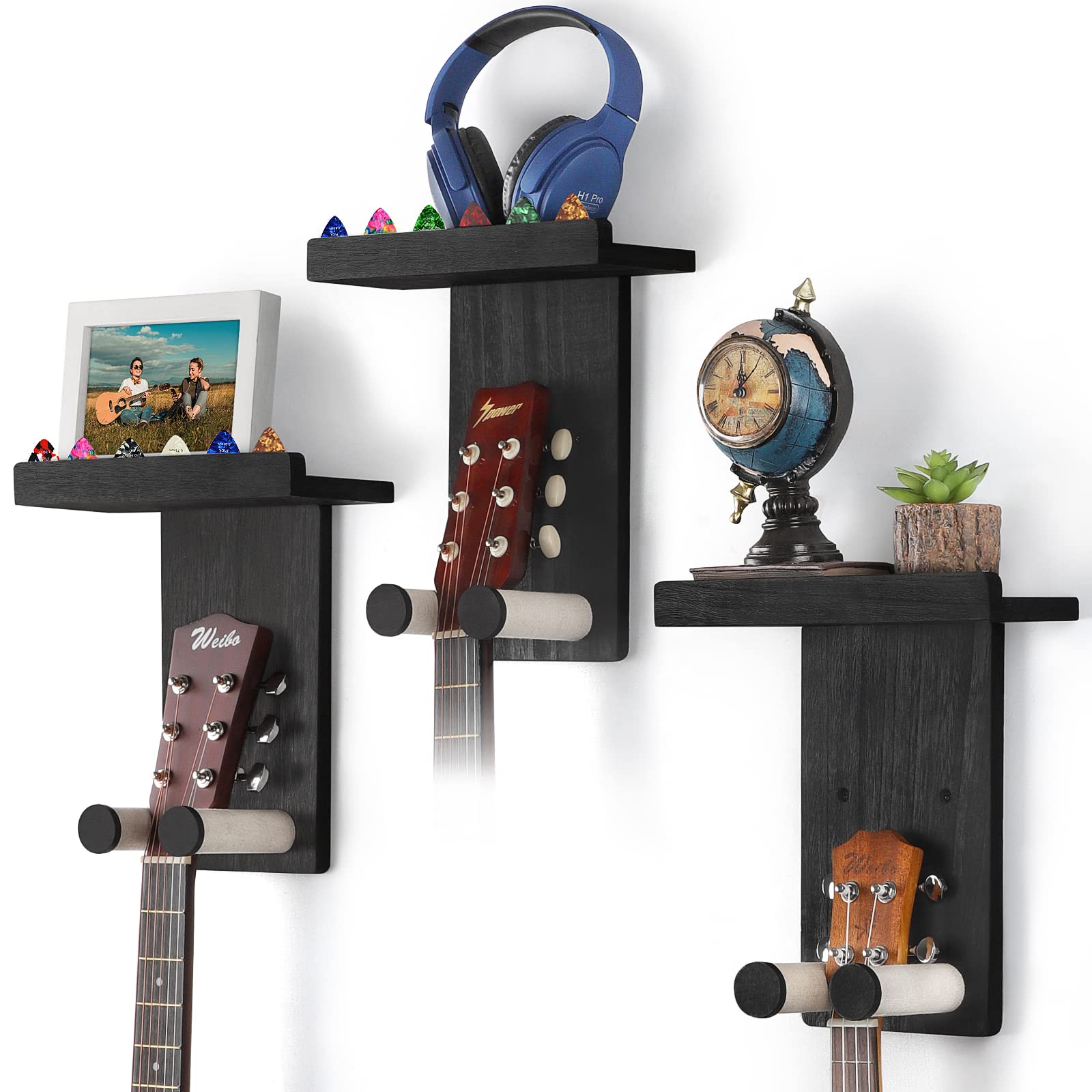 Keebofly Guitar Wall Mount 3-Pack - Rustic Wood Guitar Hanger with Pick Holder for Acoustic, Electric, Bass Guitars & Ukulele (Matte Black, Screw-Mounted) [Patented] Image