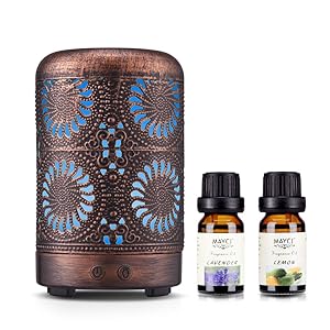 Essential Oil Diffuser with Oils, Ultrasonic Aromatherapy Oil Diffuser Humidifier with Lavender&Lemon Oils, Mini Vintage Metal Cool Mist Diffusers for Essential Oils Gift Set, Gift Idea