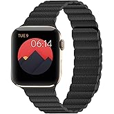 INI Compatible with Apple Watch Band 49mm 46mm 45mm 44mm 42mm 41mm 40mm 38mm - Adjustable Leather Strap with Magnetic Closure System for iWatch Series 10 Ultra 2 Ultra/9/8/7/SE/6/5/4/3/2/1 - Black