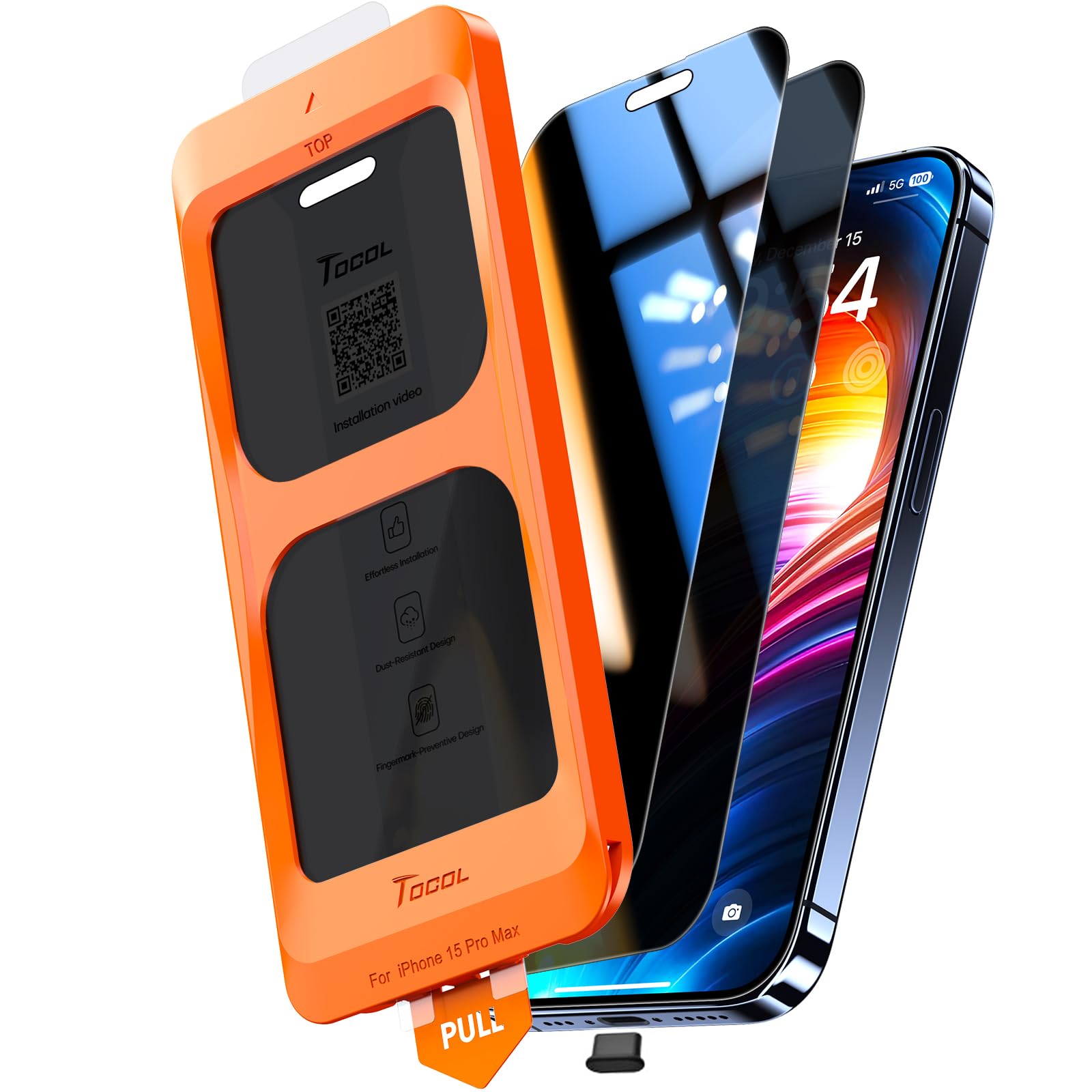 TOCOL 2 Pack for 15 Pro Max Privacy Screen Protector 6.7-Inch, True 25°Anti Spy, Instant Installation, 12FT Military Grade Shatterproof, Tempered Glass, Case Friendly, Full Coverage Protection — image 1
