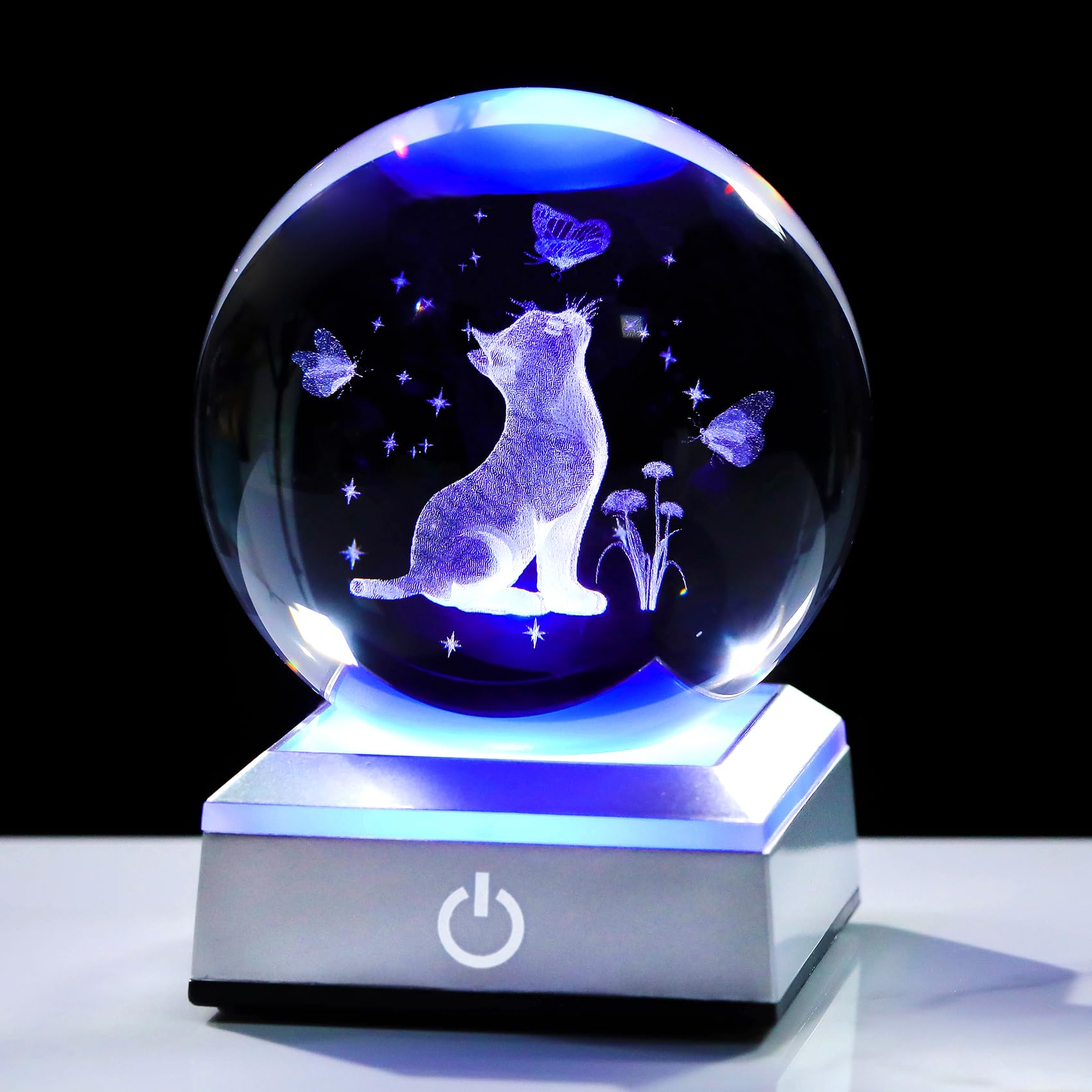Movdyka Crystal 3D Cat and Butterfly 3.15in Ball Figurine Gifts for Women Ornaments for Room with LED Light Base Keepsakes for Cat Lover Home Decor Glass Paperweight