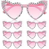 Grevosea 7 Pack Heart Sunglasses, Pink Heart Birthday Squad Glasses with Diamond Rhinestone Shaped SunGlasses Letter Birthday Queen Glasses Party Favors for Women