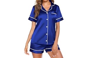 Ekouaer Pajamas for Women Set Silk Satin Pjs Button Down Sleepwear Summer Loungewear Top and Shorts Lounge Set S-XXL