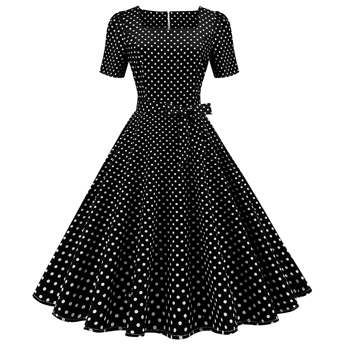 View 1 of (DAMAGED) Women 50s 60s Vintage Polka Dot Square Neck Cocktail Swing Dress Short Puff Sleeves 1950s Audrey Hepburn Retro Rockabilly Prom Dress Tie Waist Pleated Wedding Formal Tea Party Gown with Belt Black XL