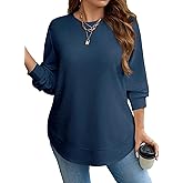 Eytino Womens Plus Size Tops Crewneck Long Sleeve Double Hem Waffle Knit Shirts Loose Casual Tunic Tops(1X-5X)