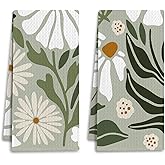IRTAGANNY Sage Green Boho Floral Kitchen Towels, Boho Retro 70s Botanical Dish Tea Towels for Kitchen Decor, Abstract Minimalist Flower Decorative Hand Towel for Bathroom, 16x24 Inches Set of 2