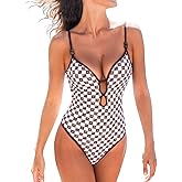 CUPSHE Women's One Piece Swimsuit Plunging V Neck Keyhole Bathing Suit Cutout Adjustable Straps Spaghetti Color Block