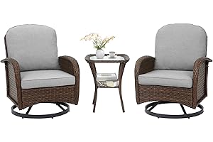 PIZZELLO Outdoor Swivel Chairs 3 Piece Wicker Rocking Charis Set Patio Furniture Set with Rattan Side Table, Rocker Bistro Sets for Outside Porch Deck Garden Backyard, Brown Gray