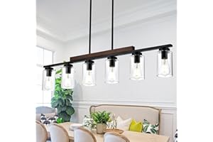 TODOLUZ Kitchen Island Lighting, 6-Lights Black Dining Room Light Fixtures Over Table, Farmhouse Linear Chandelier with Clear Glass Shades & Wood Frame