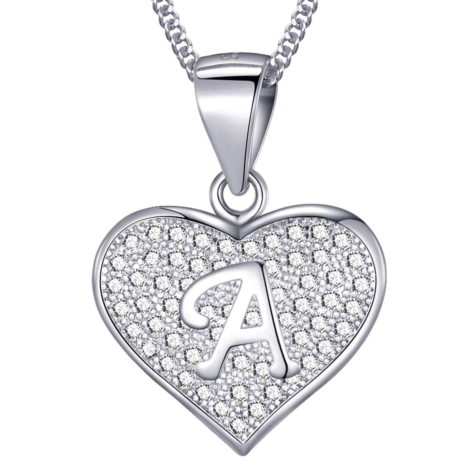 MASADA 925 Sterling Silver Heart Letter Necklace - Initial Pendant with Zircon Stones - Letter A - Personalised Alphabet, Teens & Girls - 46 cm - 18 inch Chain in Velvet Bag