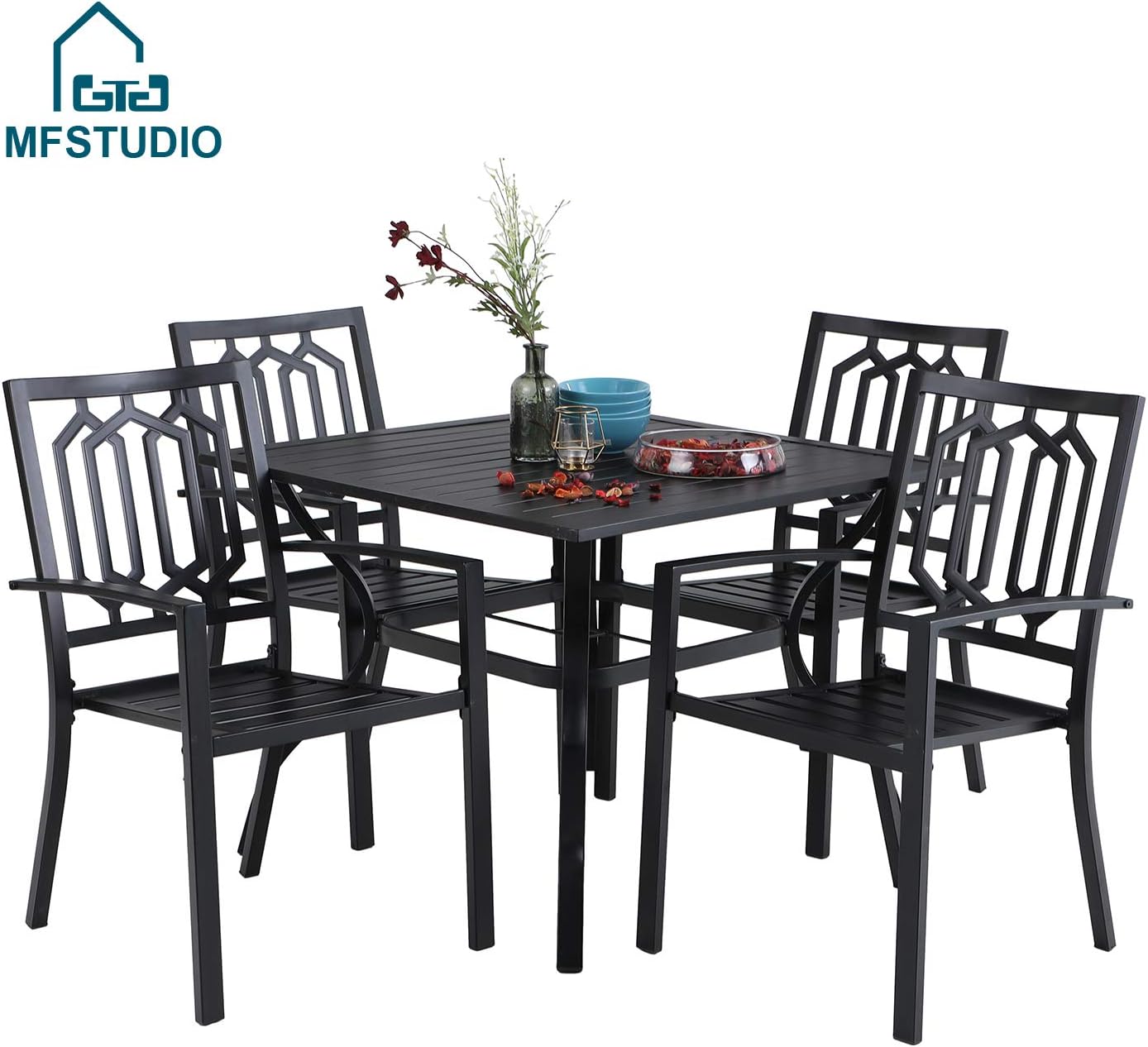 MFSTUDIO 5 Piece Black Metal Outdoor Patio Dining Furniture