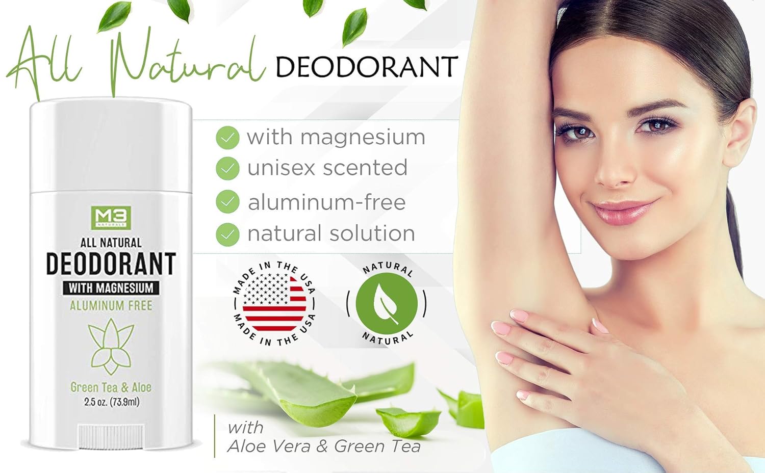 M3 Naturals Natural Deodorant with Magnesium, Green Tea and Aloe - Long-Lasting, Non-Toxic, Free of Aluminum, Baking Soda, Parabens, Sulfates and Gluten – For Men and Women - Vegan, Organic 2.5 oz : Beauty