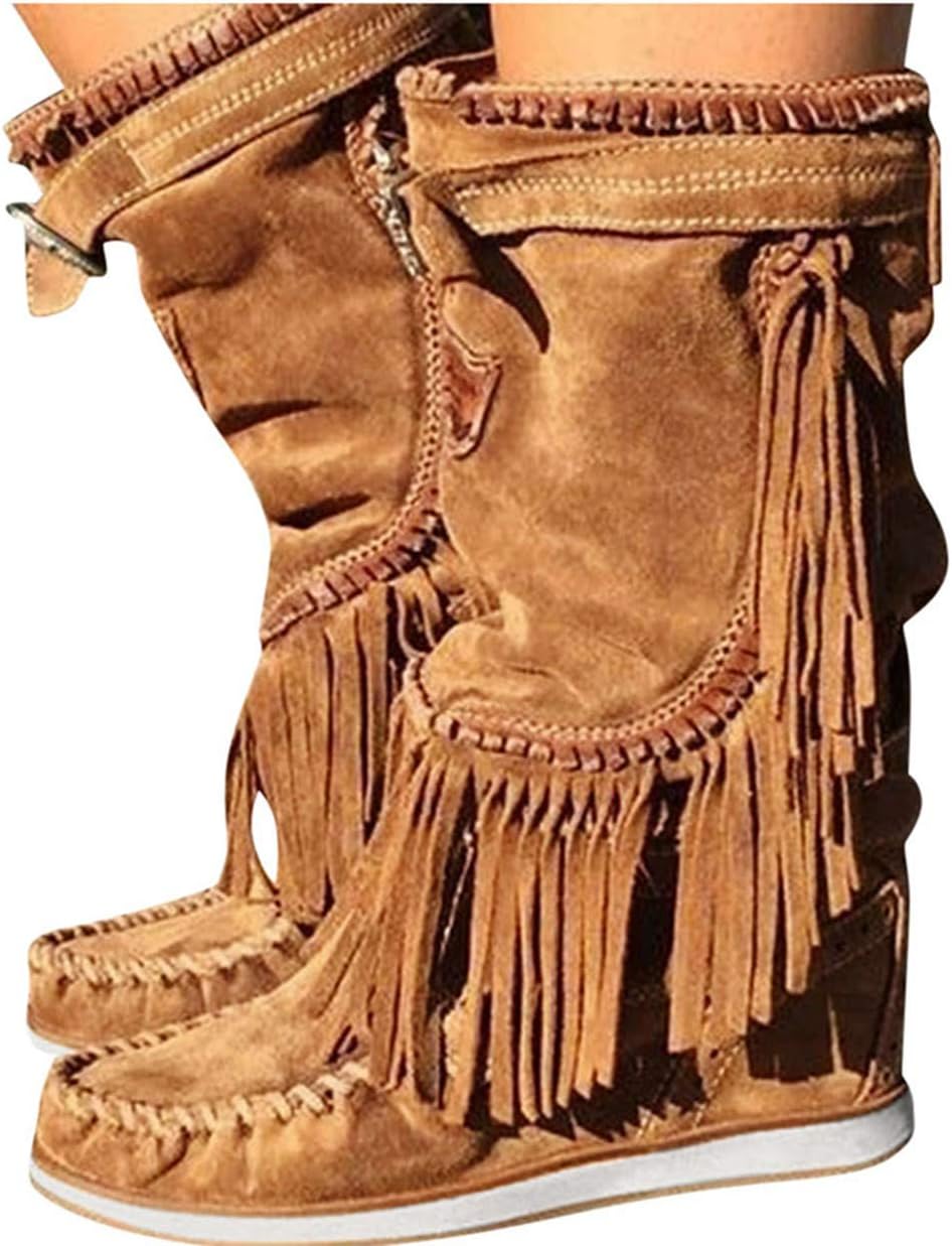 Women's Mid-Calf Shoes Casual Winter Round Toe Rome Retro Fringe Mid-Calf Ankle Boots 2019