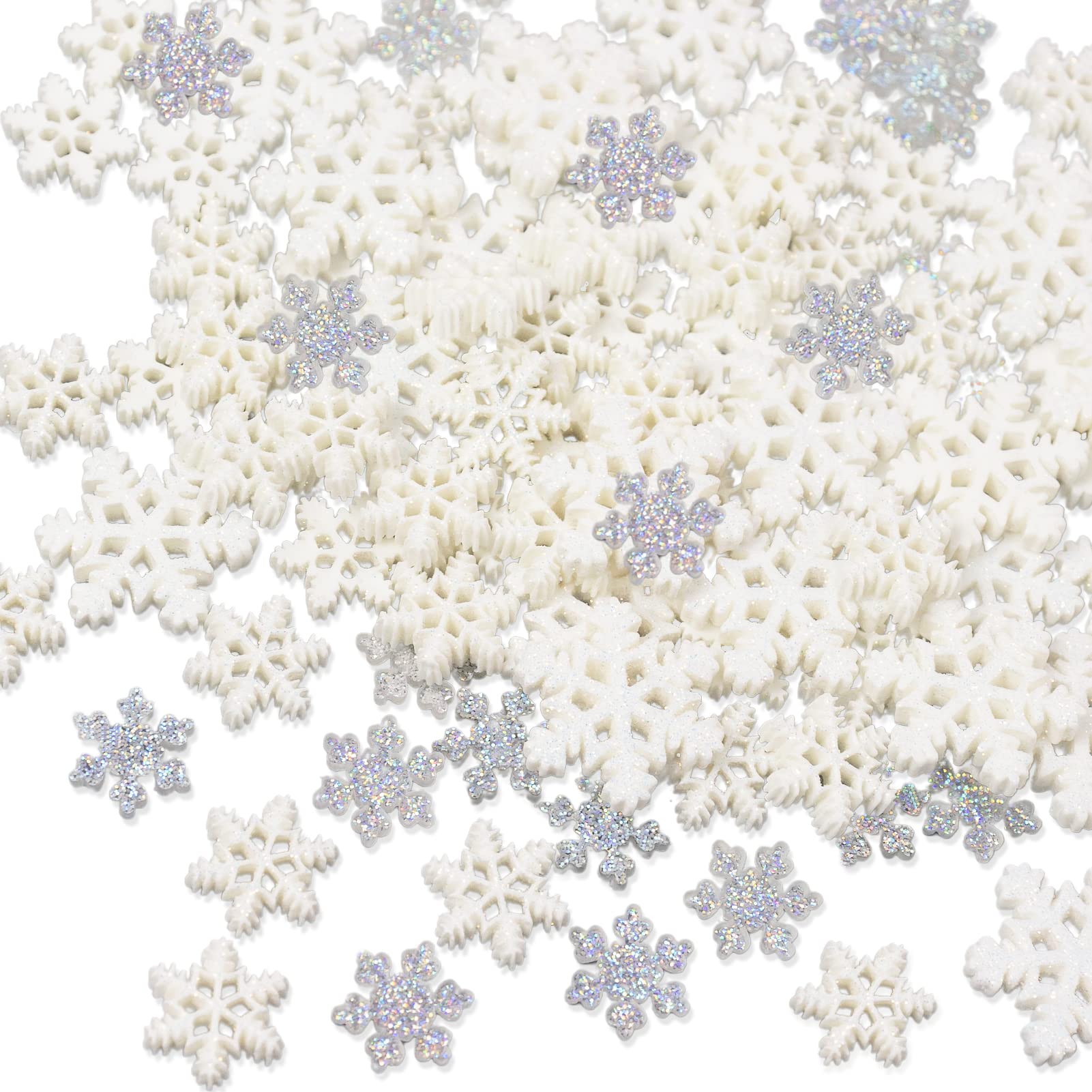 Photo 1 of 100Pcs Mini Snowflake Ornament Christmas Decorations- Glitter Resin White and Silver Snowflakes Christmas Craft Embellishment for DIY Craft Xmas Tree Winter Party Table Decor (3 Sizes)
