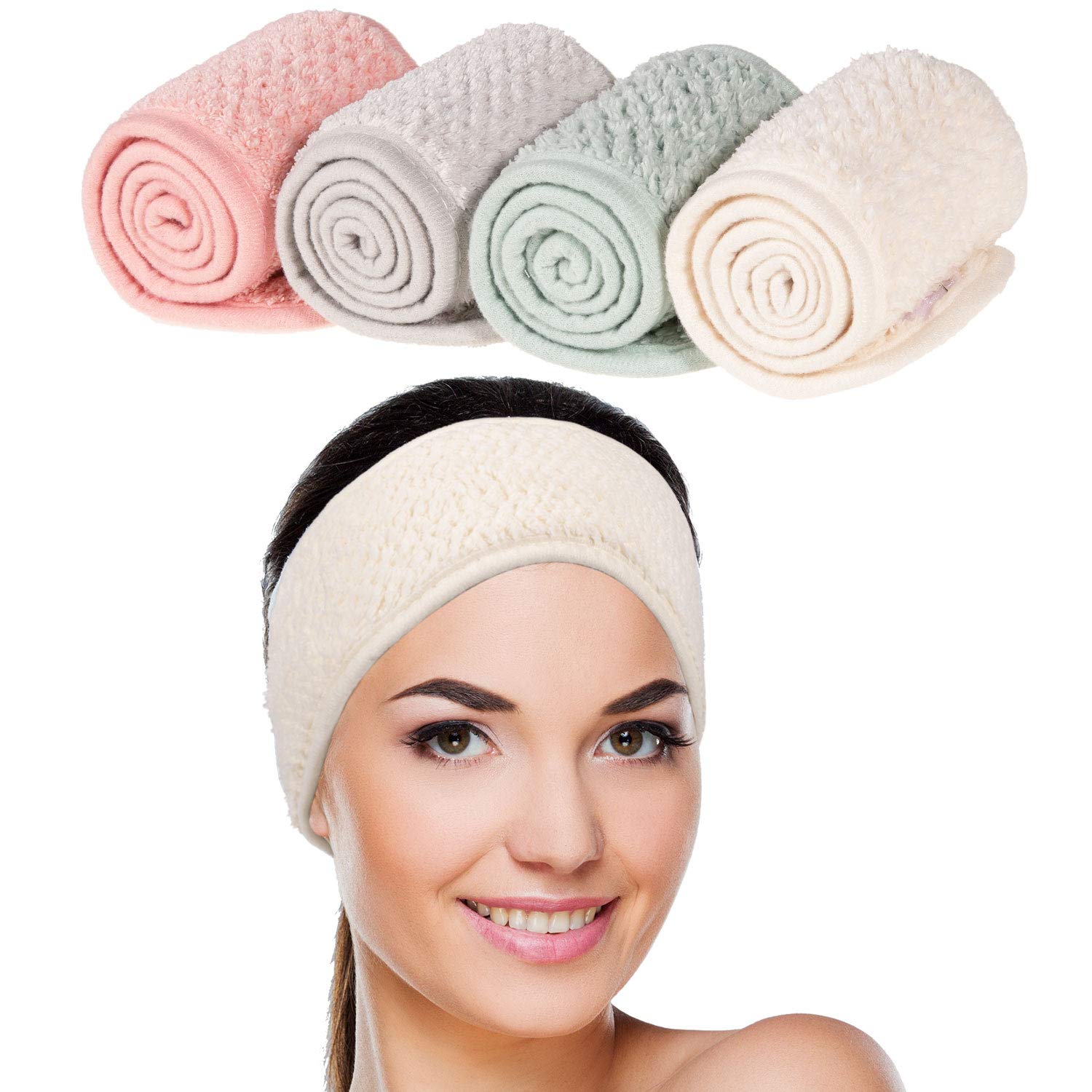Photo 1 of Whaline 4 Pack Spa Facial Headband Makeup Hair Wrap Adjustable Hair Band Soft Towel Head Band for Face Washing, Shower Sports Yoga (Pea Green, Pink, Beige, Light Gray)