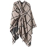 Women's Plaid Shawl Wrap Knitted Cape Open Front Poncho Scarf Blanket Warm Cardigan Sweater for Fall Winter