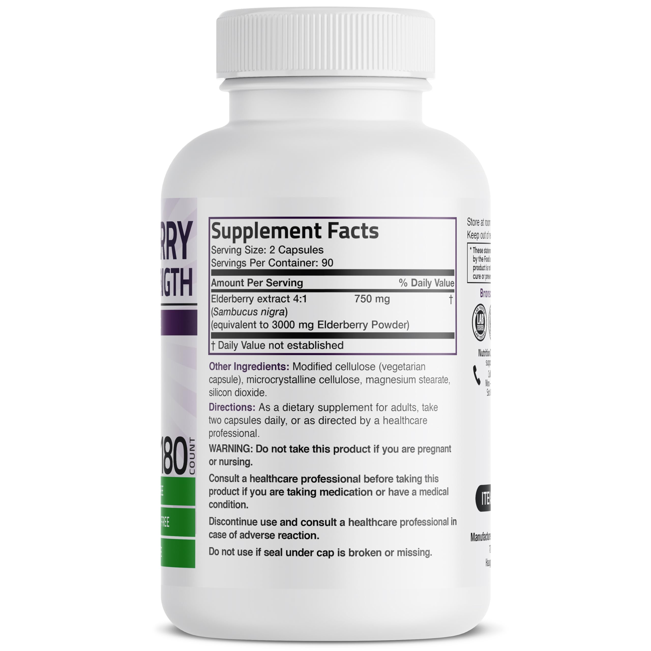 Bronson Elderberry Extra Strength, Supports Healthy Immune System & Antioxidant Protection, Non GMO, 180 Vegetarian Capsules