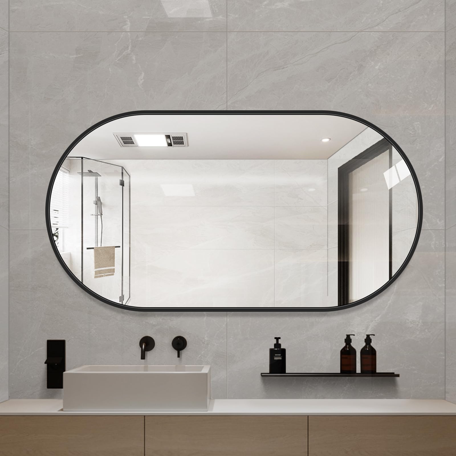 Condition photo showing New/Like New for laiya 48x24inch oval wall bathroom mirror with black aluminum frame,wall mounted oval vanity mirrors