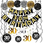 Famoby Black & Gold Glittery Happy 30th Birthday Banner,Poms,Sparkling 30 Hanging Swirls Kit for 30th Birthday Party 30th Anniversary Decorations Supplies