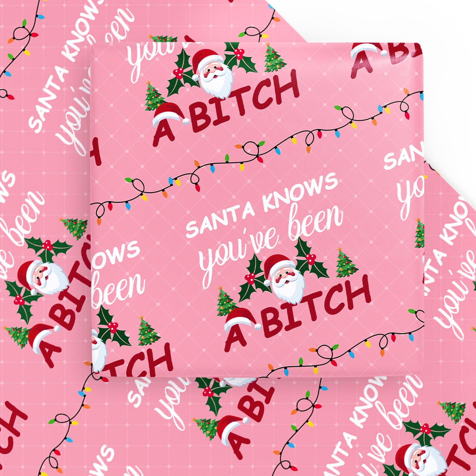 Photo 1 of WRAPAHOLIC Funny Christmas Wrapping Paper Sheet - 6 Sheets Pink Rude Adult Christmas Wrapping Paper Santa Knows You Have Been A Bixxh for Winter Girlfriend Women - 19.7 Inch x 27.5 Inch Per Sheet