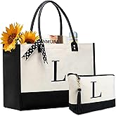 BeeGreen Christmas Gifts Initial Canvas Tote Bags, Personalized Birthday Gift for Women Mom Gift Embroidery Monogram Bags White Cotton with Leather Handle Organized Inner Pocket L