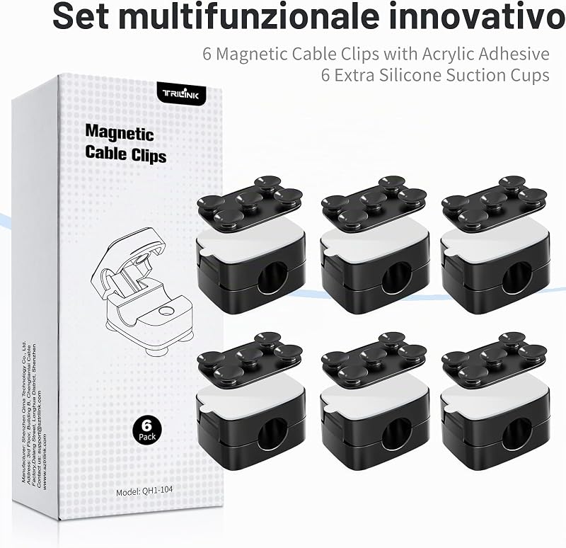 Set di clip per cavi magnetici da 6 pezzi con 6 ventose in silicone per la cable management | Fermacavi Organizzatore di cavi magnetic cable clips per casa, ufficio, scrivania, auto, muro e comodino