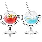 Joeyan Earth Cocktail Glasses,12 oz World Globe Shape Wine Glasses with Straws,Unique Clear Drinking Glasses,Creative Martini Tequila Juice Glasses,Glassware for Party Bar Home,Set of 2
