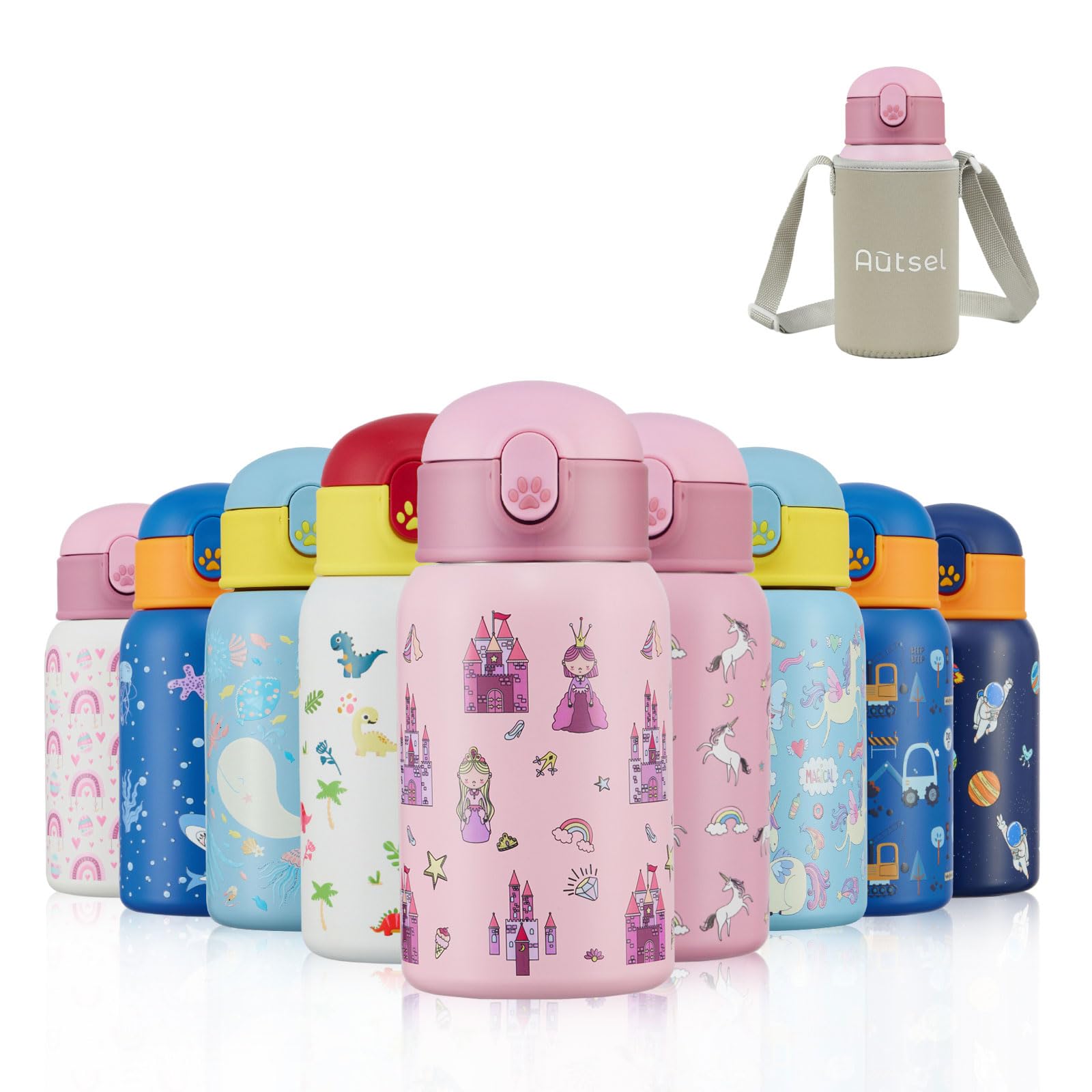 Autsel Kids Water Bottles with Straw 400ml, Childrens Insulated Water Bottle Stainless Steel BPA-Free, Kids Metal Water Bottle for Girls/Boys, Keep Hot/Cold