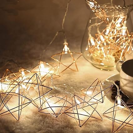 Ezicok Geometric Stars String Lights Wireless Remote Control Waterproof Rose Gold Metal Fairy Light Twinkle Led Lights For Kids Bedroom Wedding