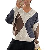 chouyatou Women's 2025 Fall V-Neck Argyle Sweaters Pullover Oversized Chunky Knit Casual Sweater Top